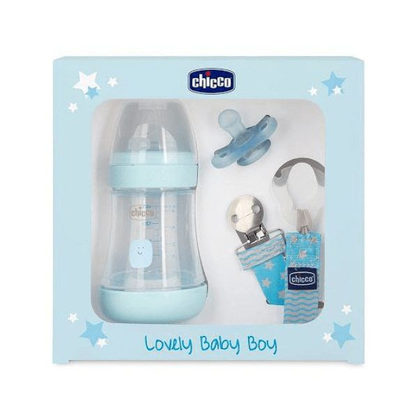 Chicco Lovely Baby Boy Perfect 5 Biberão com tetina 150ml 0M+ Slow Plástico|Silicone Azul + PhysioForma Mini Soft Chupeta 0-2M Silicone Azul + <mark>F</mark>ashion Clip