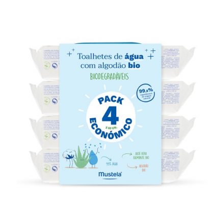 Mustela Bebé Toalhetes de água com algodão bio 4 x 60 Unidade(s) Pack económico